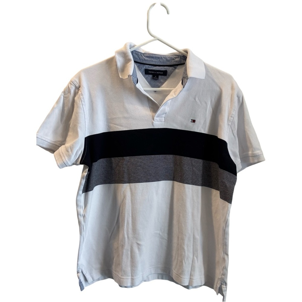 Tommy Hilfiger Polo Shirt Mens Size Medium White Short Sleeve Button Outdoor